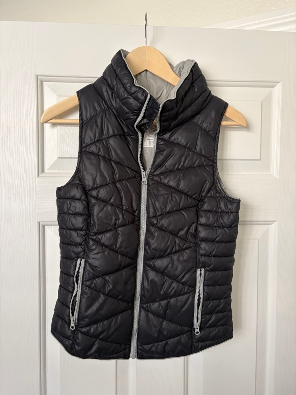 SO Black Quilted Puffer Vest with Light Gray Trim